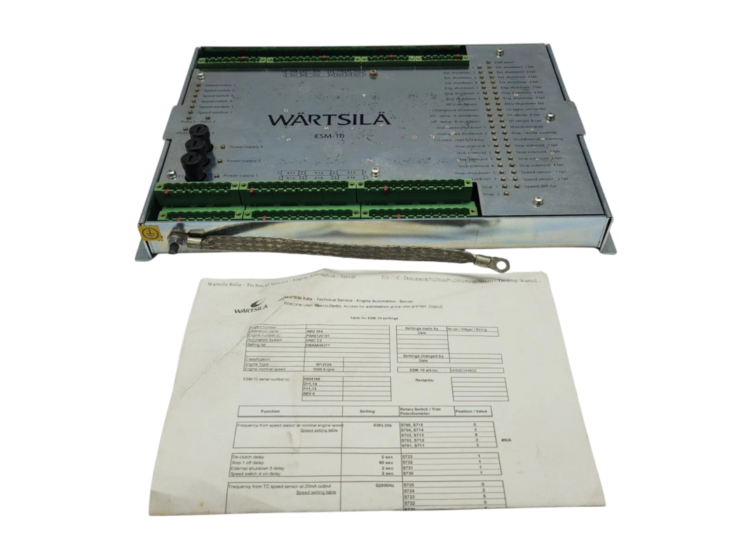 Wartsila ESM-10 Rev 6 Module with Specification Sheet Wartsila ESM-10 Rev 6 Engine Safety Module hardware unit shown with official technical automation setting document sheet.
