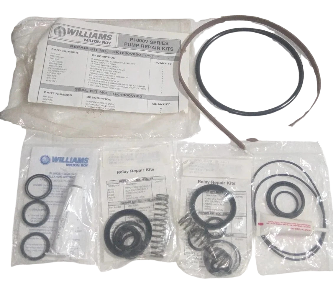 Williams Milton Roy P1000V Series Pump Kits Complete assortment of new Williams Milton Roy P1000V pump repair kits and individual component bags against a black background.