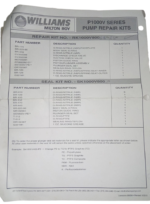 Detailed parts list document for Williams Milton Roy P1000V Series Pump Repair Kits RK1000V800 and SK1000V800.