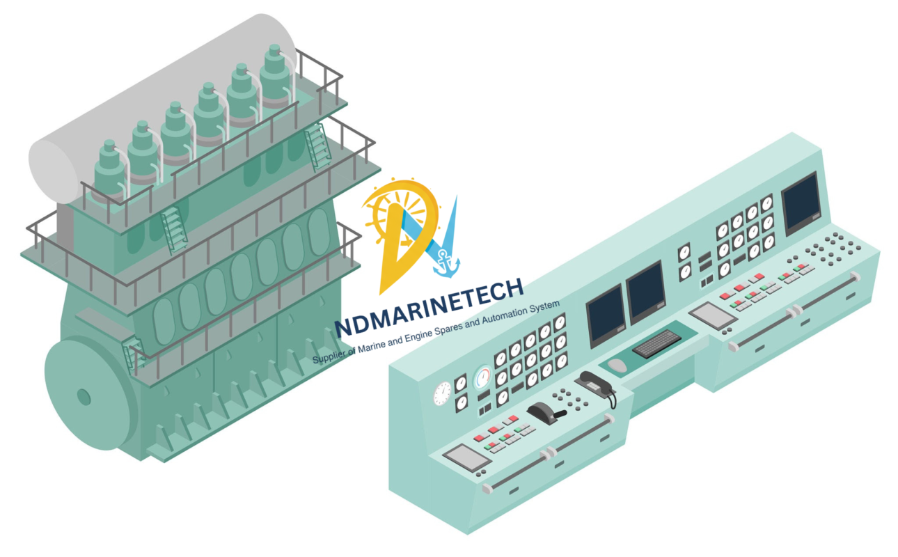 Ship Alarm Monitoring System Parts & Engine Control Room Automation Architecture Isometric diagram of a green marine main diesel engine linked to a ship alarm monitoring system control room console panel by NDMARINETECH