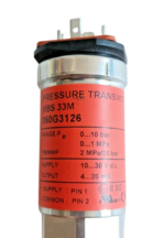 Danfoss MBS 33M 060G3126 technical rating label showing 0-10 bar range and 4-20mA output