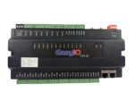 Top view of EasyIO FW-28 main control module showing status LEDs, branding, and input/output terminal blocks.
