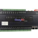 Top view of EasyIO FW-28 main control module showing status LEDs, branding, and input/output terminal blocks.