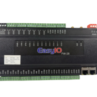 Top view of EasyIO FW-28 main control module showing status LEDs, branding, and input/output terminal blocks.