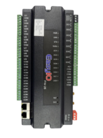 Vertical view of the EasyIO FW-28 IP controller displaying front panel LED indicators and terminal strip layout.