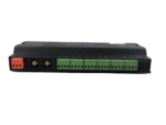 Side view of EasyIO FW-28 controller highlighting RS485 port, dual Wi-Fi antenna connectors, and relay terminals.