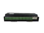 Profile view of EasyIO FW-28 showing dual RJ45 Ethernet network ports and green universal input terminal blocks.