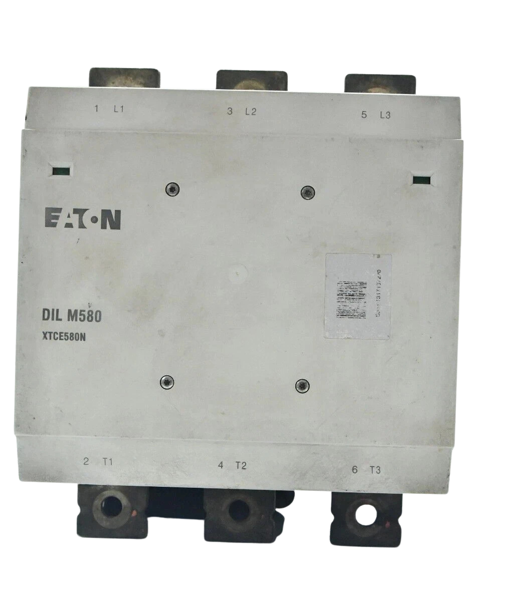 Eaton DILM580 contactor1 Front view of Eaton DILM580 XTCE580N 3-pole 580A vacuum contactor with L1-L2-L3 line and T1-T2-T3 load busbar terminals