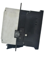 Right side profile of Eaton DILM580 contactor showing side-mounted auxiliary contact block and frame mounting flange