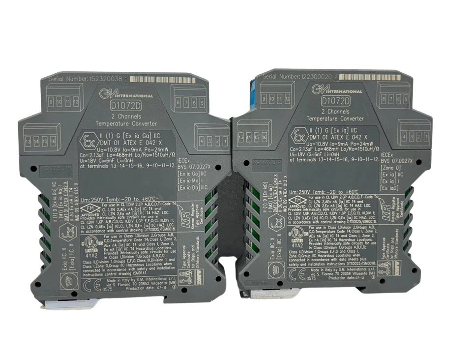 GM INTERNATIONAL D1072D(1) GM International D1072D 2-channel temperature converter showing ATEX and safety certification labels on the enclosure side.