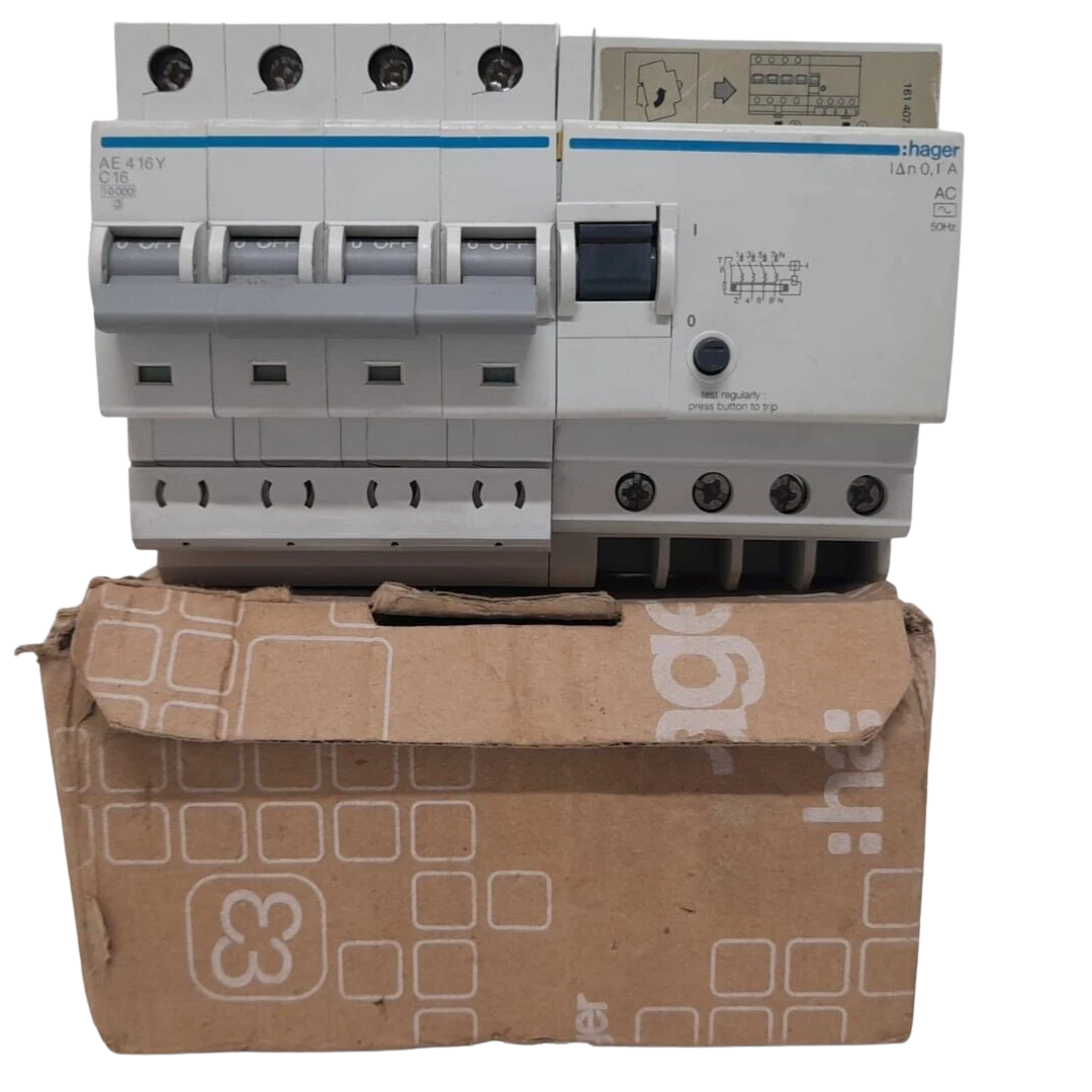 Hager AE 416Y C16 Miniature Circuit Breaker1 Hager AE 416Y C16 4-pole miniature circuit breaker with packaging box