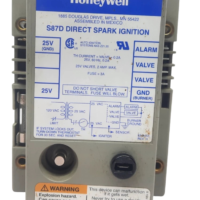 Honeywell S87D1020 direct spark ignition module front view showing wiring diagram, fuse, and terminals.