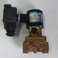 Keihin JDSPE5-15WLMF normally closed brass solenoid valve featuring a 220V AC black coil on a white surface.