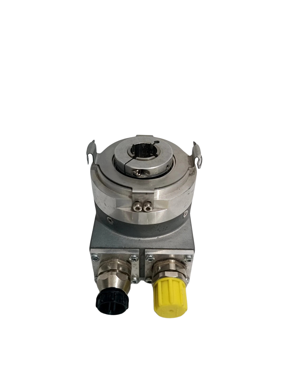 Kubler 8.5878.552F.2113 Absolute Encoder1 Kubler 8.5878.552F.2113 absolute encoder showing 14mm hollow shaft and M12 connectors