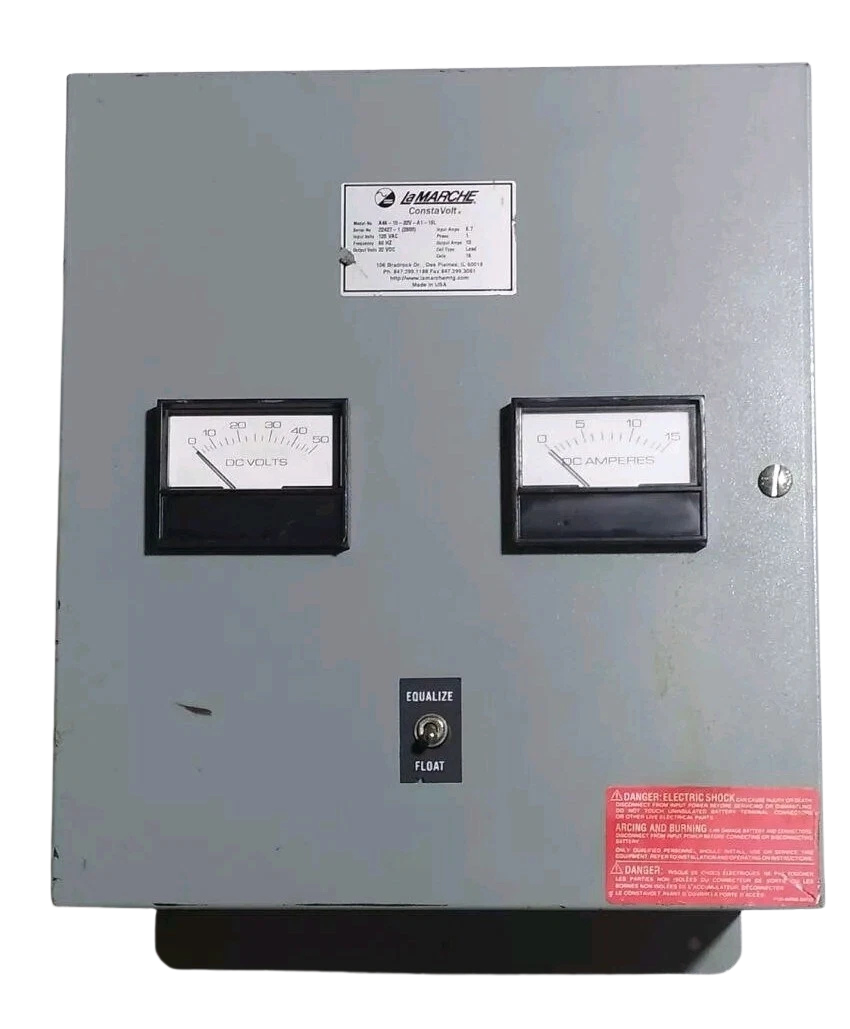LaMarche Constavolt A46-10-32V-A1-16L Battery Charger1 LaMarche ConstaVolt A46-10-32V-A1-16L battery charger front enclosure panel with analog meters and equalizer switch.