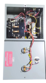 Internal components, wiring harness, fuses, and transformer of a LaMarche ConstaVolt industrial battery charger.