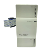 Front view of Mitsubishi FX2N-16EYT module with status LEDs and ribbon cable