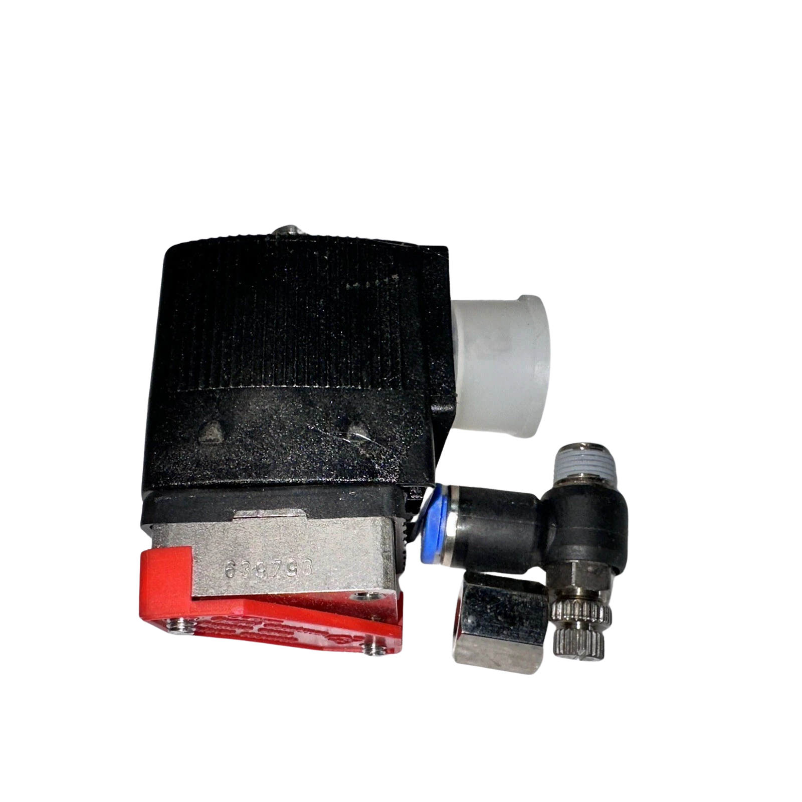 RIKEN KEIKI RK-3SV-M C(4) Riken Keiki RK-3SV-M C solenoid valve equipped with quick-connect pneumatic fitting and flow adjustment valve.