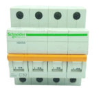 Schneider Electric 32A 4-pole C32 MCB front face with orange toggle switch and 10000A rating