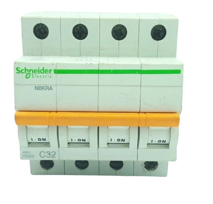 Schneider 32A 4 Pole Circuit Breaker1 Schneider Electric 32A 4-pole C32 MCB front face with orange toggle switch and 10000A rating
