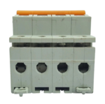 Bottom terminal and DIN rail mounting clips on Schneider 32A 4-pole miniature circuit breaker