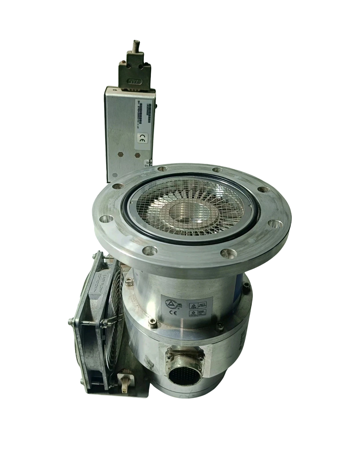 Shimadzu TMP-203M Turbomolecular Pump1 Shimadzu TMP-203M Turbomolecular Pump top inlet flange and cooling fan assembly