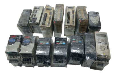 14-Piece Wholesale Lot AC and Servo Drives – Multi-Brand Marine Surplus 14-piece wholesale lot of wrapped surplus AC variable frequency drives and servo amplifiers for marine and industrial automation.