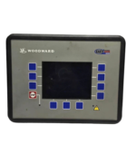Front panel view of Woodward EASYGEN 3200-5 generator controller P/N 8440-1831 with LCD screen, softkeys, and emergency stop button.
