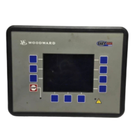 Front panel view of Woodward EASYGEN 3200-5 generator controller P/N 8440-1831 with LCD screen, softkeys, and emergency stop button.
