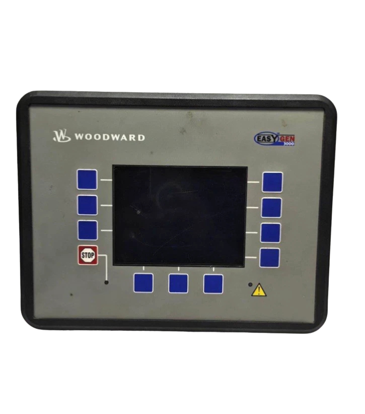 Woodward EASYGEN 3200-5 8440-1831 Front panel view of Woodward EASYGEN 3200-5 generator controller P/N 8440-1831 with LCD screen, softkeys, and emergency stop button.