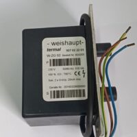 Weishaupt W-ZG 02 ignition transformer 603203 230V 2x9kVp side view with nameplate specifications