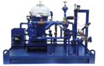 Front view of Alfa Laval MAB 104B-24 centrifugal oil separator purifier module mounted on steel skid base