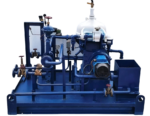 Rear perspective of Alfa Laval MAB 104B-24 oil purifier showing ABB drive motor and process piping valves