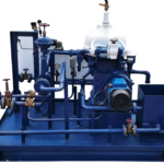 Rear perspective of Alfa Laval MAB 104B-24 oil purifier showing ABB drive motor and process piping valves
