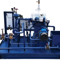 Rear perspective of Alfa Laval MAB 104B-24 oil purifier showing ABB drive motor and process piping valves