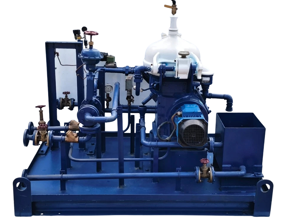 Alfa Laval MAB 104B-24 Oil Separator Purifier2 Rear perspective of Alfa Laval MAB 104B-24 oil purifier showing ABB drive motor and process piping valves