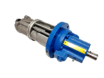 High-angle full view of industrial blue and silver Allweiler SNH triple screw pump with shaft on black background.