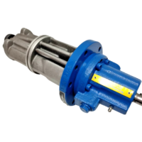 High-angle full view of industrial blue and silver Allweiler SNH triple screw pump with shaft on black background.