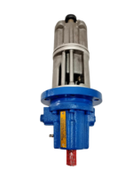 Top-down vertical view of Allweiler SNH triple screw pump showing cast housing, blue flange, and yellow label.