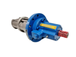 Vertical-angled shot of Allweiler SNH pump, focusing on the yellow warning label and red mesh cap over the shaft.