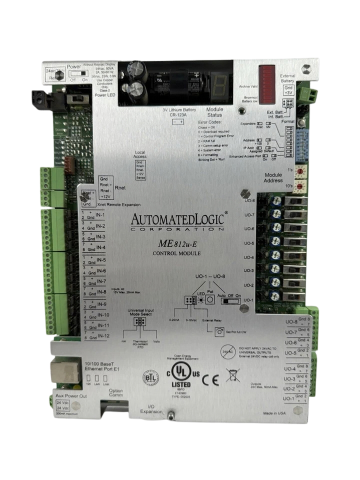 Automated Logic ME812u-E1 Automated Logic ME812u-E multi-equipment DDC BACnet controller front panel and terminal layout