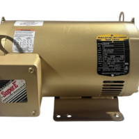 Baldor EM3218T Super-E 5 HP 1750 RPM 3-phase electric motor side view with terminal box and nameplate.
