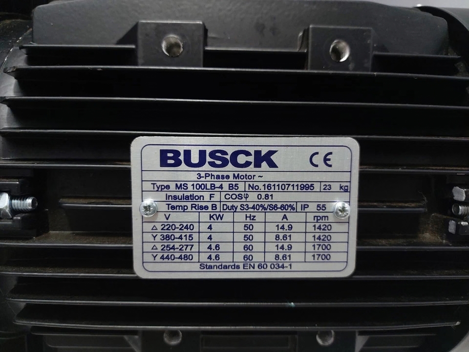 Busck MS 100LB-4 B5 3-phase motor1 Busck MS 100LB-4 B5 motor nameplate with 4kW 230/400V 50Hz technical ratings