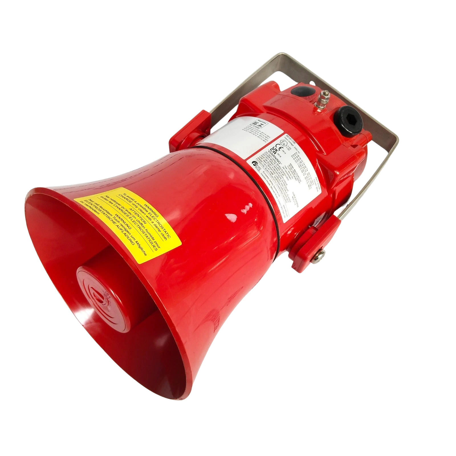 E2S BExS110E Alarm Sounder 230V AC1 E2S BExS110E 230V AC explosion-proof alarm sounder horn angled view with mounting bracket