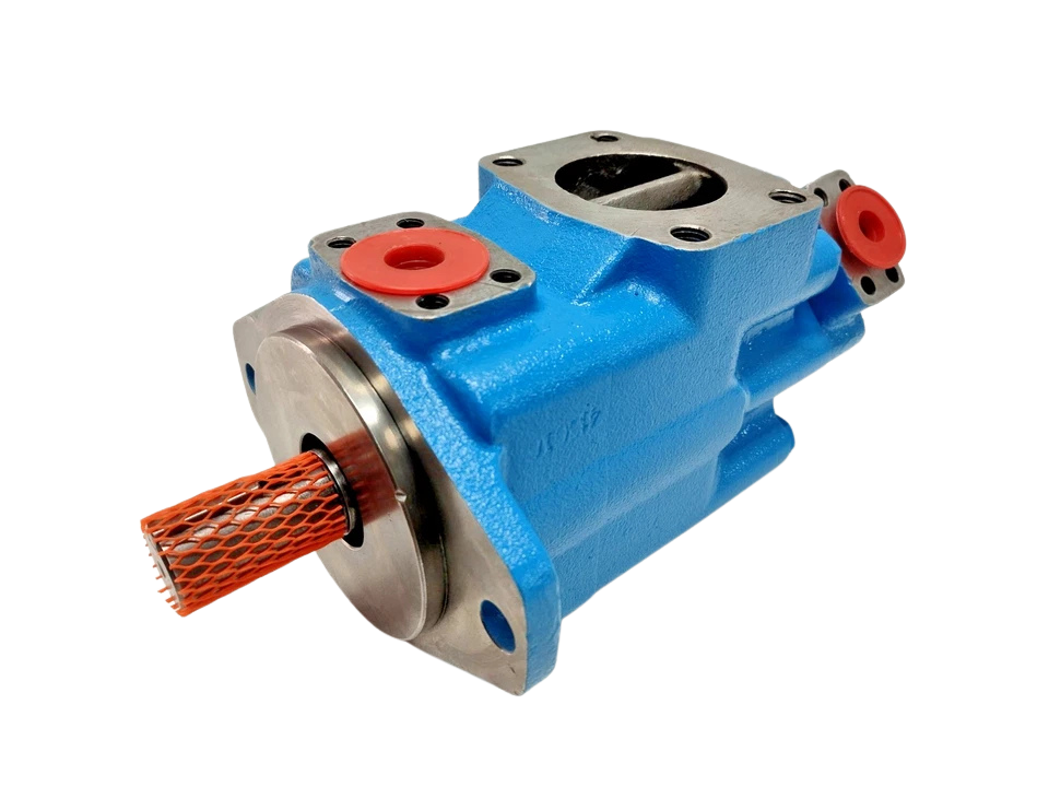 Eaton Vickers 3520VQ-25A-8-1BB-20 Eaton Vickers 3520VQ-25A-8-1BB-20 hydraulic double vane pump showing keyed shaft and SAE ports