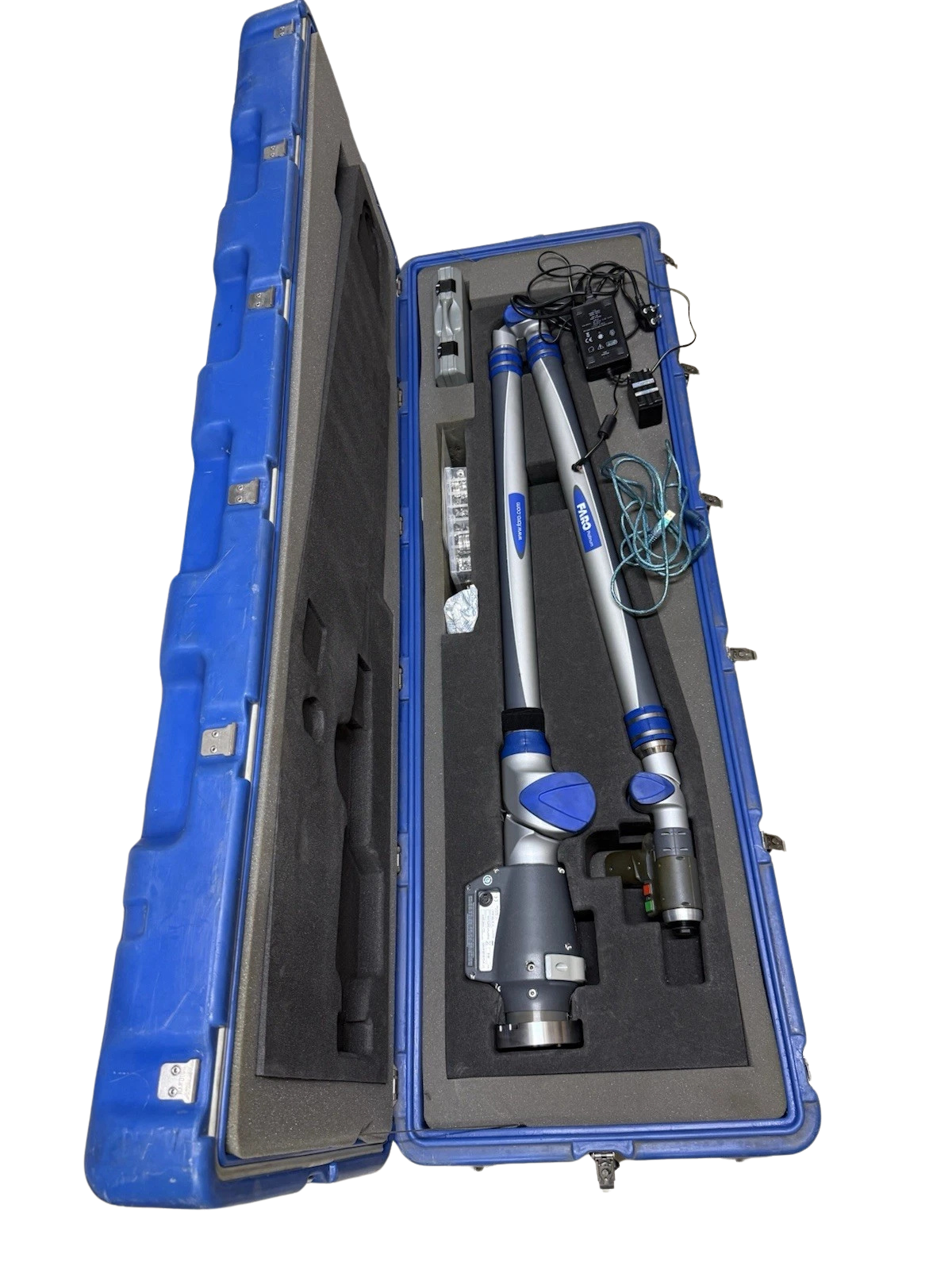 FARO Platinum P12 7-Axis CMM Arm1 FARO Platinum P12 7-axis CMM measuring arm stored in blue hard transit case with power supply and USB cable.