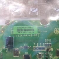 Close-up of GE IS400AEBMH1AJD label showing barcode, part number, and board components