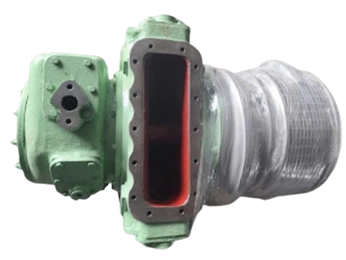 IHI BBC VTR 161-2 Turbocharger IHI BBC VTR 161-2 turbocharger top view showing rectangular exhaust outlet flange and wrapped silencer