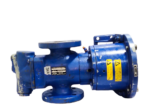 Unused New IMO ACP 045K7 NVBP Triple Screw Pump side profile showcasing blue cast iron body and flange ports.