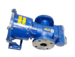 Angled view of unused new IMO ACP 045K7 NVBP triple screw pump with safety warning labels intact.